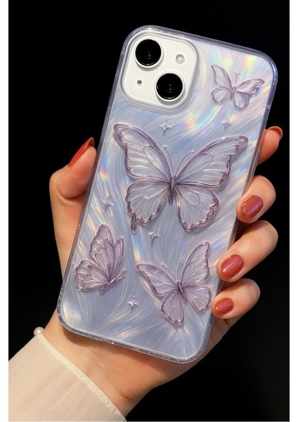 Apple iPhone 13 - 14 - 15 Uyumlu Kılıf Tüylü Hologram Kelebek Desenli Darbe Emici Kamera Korumalı Silikon fiyatları