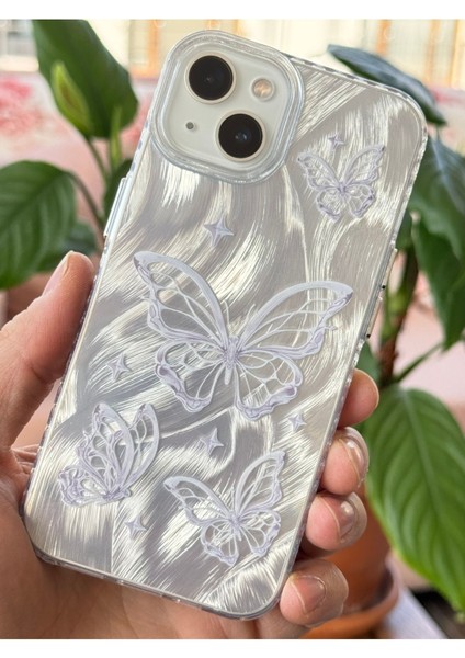 Apple iPhone 13 - 14 - 15 Uyumlu Kılıf Tüylü Hologram Kelebek Desenli Darbe Emici Kamera Korumalı Silikon modelleri