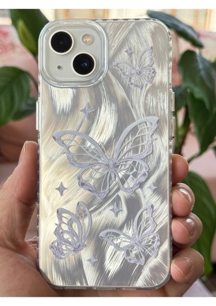 Apple iPhone 13 - 14 - 15 Uyumlu Kılıf Tüylü Hologram Kelebek Desenli Darbe Emici Kamera Korumalı Silikon fırsatları