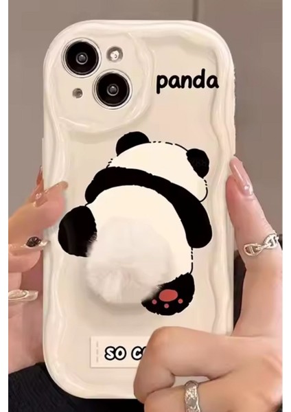 Apple iPhone 13 Uyumlu Kılıf Tasarımlı Desenli Kamera Korumalı Panda Beyaz Püsküllü Silikon Kapak