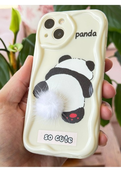 Apple iPhone 13 Uyumlu Kılıf Tasarımlı Desenli Kamera Korumalı Panda Beyaz Püsküllü Silikon Kapak