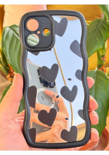 Apple iPhone 16 Kılıf Aynalı Kalp Desenli Yumuşak Kenarlı Kamera Korumalı Silikon Kapak