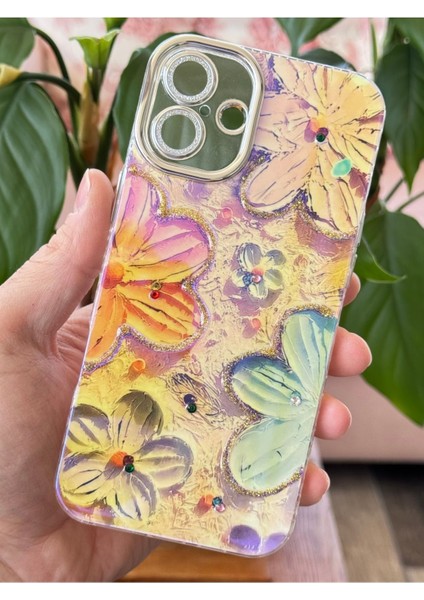 Apple iPhone 16 Kılıf Renk Değiştiren Taşlı Kamera Lens Korumalı Pembe Çiçek Desenli Darbe Emici Kapak fiyatları
