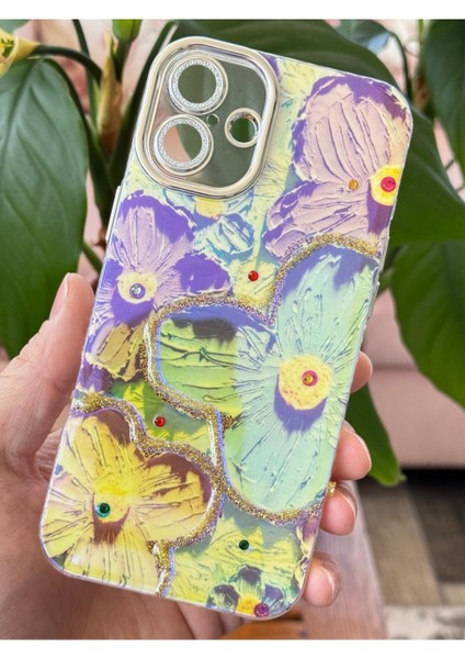 Apple iPhone 16 Plus Kılıf Renk Değiştiren Taşlı Kamera Lens Korumalı Mavi Çiçek Desenli Darbe Emici Kapak fiyatları