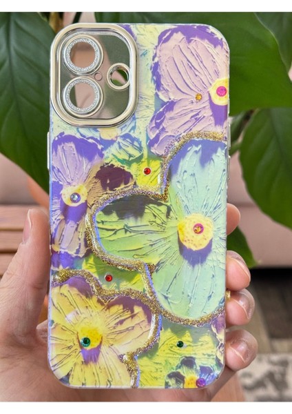 Apple iPhone 16 Plus Kılıf Renk Değiştiren Taşlı Kamera Lens Korumalı Mavi Çiçek Desenli Darbe Emici Kapak modelleri