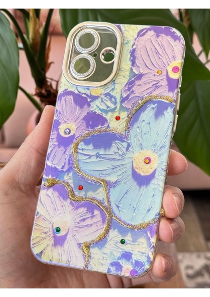 Apple iPhone 16 Plus Kılıf Renk Değiştiren Taşlı Kamera Lens Korumalı Mavi Çiçek Desenli Darbe Emici Kapak