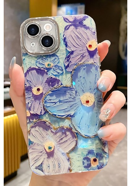 Apple iPhone 16 Plus Kılıf Renk Değiştiren Taşlı Kamera Lens Korumalı Mavi Çiçek Desenli Darbe Emici Kapak