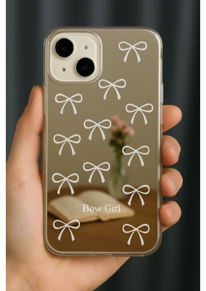 Apple iPhone 13 - 14 Uyumlu Kılıf Aynalı Bow Girl Fiyonk Desenli Darbe Emici Silikon Kapak