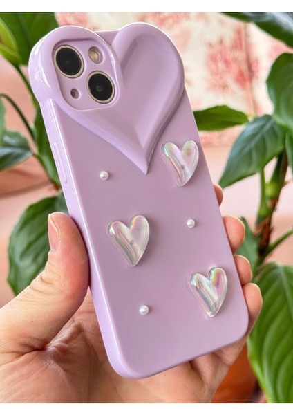 Apple iPhone 13 Kılıf Kalpli Inci Desenli Kalp Kamera Tasarımlı Lila Kamera Korumalı Silikon Kapak