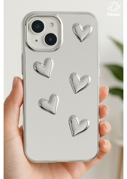 Apple iPhone 13 - 14 Uyumlu Kılıf Aynalı Gümüş 3D Kalp Desenli Darbe Emici Silikon Kapak