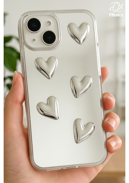 Apple iPhone 13 - 14 Uyumlu Kılıf Aynalı Gümüş 3D Kalp Desenli Darbe Emici Silikon Kapak fiyatları