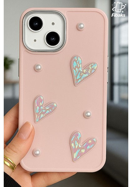 Apple Iphone 13 - 14 - 15 Kılıf Kamera Çıkıntılı Fiyonk Inci Desenli Pembe Yumuşak Silikon Kapak modelleri
