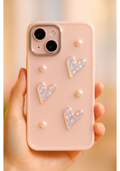 Apple Iphone 13 - 14 - 15 Kılıf Kamera Çıkıntılı Fiyonk Inci Desenli Pembe Yumuşak Silikon Kapak