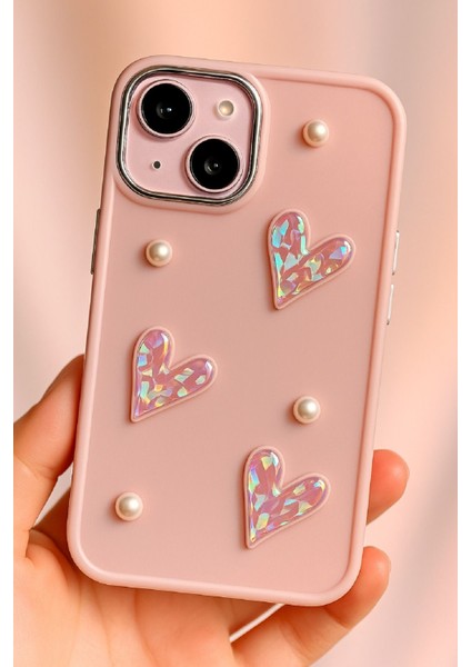 Apple Iphone 13 - 14 - 15 Kılıf Kamera Çıkıntılı Fiyonk Inci Desenli Pembe Yumuşak Silikon Kapak