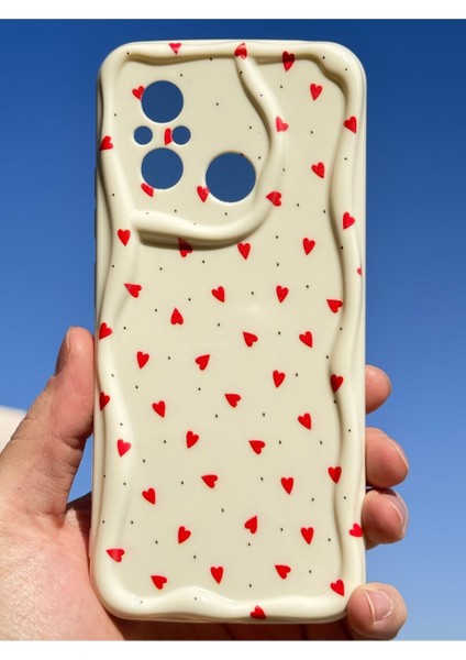 Xiaomi Redmi 12C Kılıf Kamera Korumalı Dalga Kenarlı Kırmızı Kalp Desenli Silikon Kapak