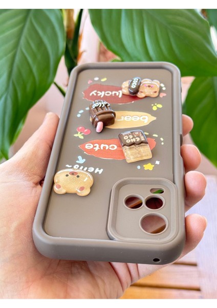 Vivo Y21/Y21S Kılıf Tasarımlı Desenli Kamera Korumalı Ayıcık Kahve Renkli Yumuşak Silikon Kap