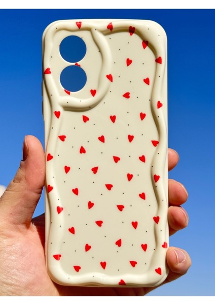 Oppo A38 Kılıf Kamera Korumalı Dalga Kenarlı Kırmızı Kalp Desenli Silikon Kapak