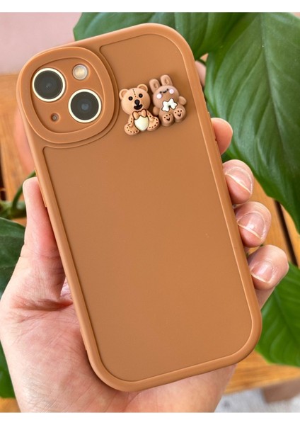 Apple iPhone 15 Uyumlu Kılıf Tasarımlı Desenli Kamera Korumalı Ayıcık ve Tavşan Yumuşak Silikon Kapak