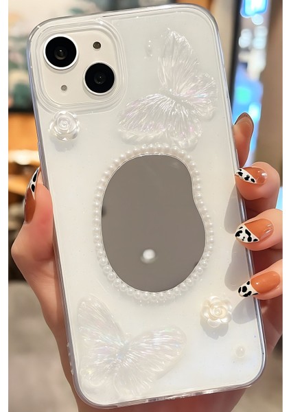 Apple iPhone 13 - 14 - 15 Kılıf 3D Kelebek Gül Desenli Aynalı Simli Şeffaf Tasarımlı Silikon Kapak fiyatları