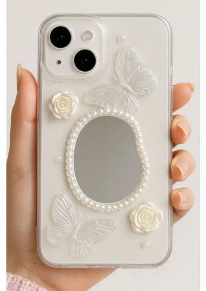 Apple iPhone 13 - 14 - 15 Kılıf 3D Kelebek Gül Desenli Aynalı Simli Şeffaf Tasarımlı Silikon Kapak modelleri