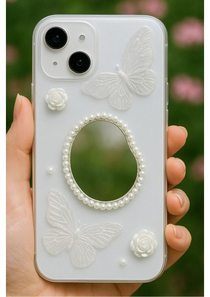 Apple iPhone 13 - 14 - 15 Kılıf 3D Kelebek Gül Desenli Aynalı Simli Şeffaf Tasarımlı Silikon Kapak fırsatları