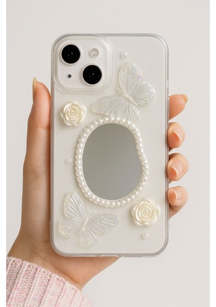 Apple iPhone 13 - 14 - 15 Kılıf 3D Kelebek Gül Desenli Aynalı Simli Şeffaf Tasarımlı Silikon Kapak indirimleri