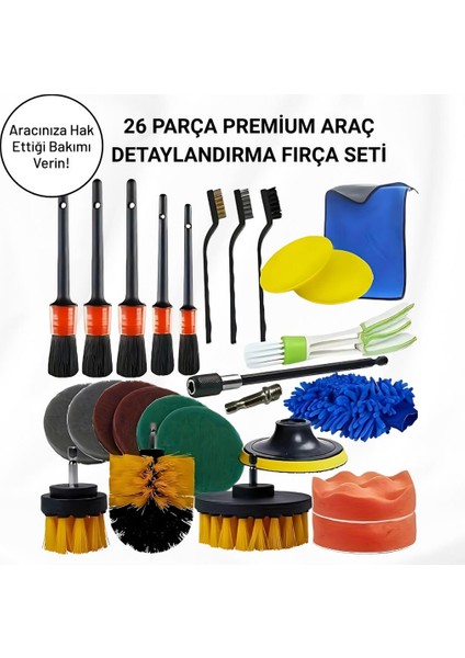 Premium 26 Parça Ful+Ful Profesyonel Araç Detaylı Temizlik Seti, Matkap Uçlu Ultra Sağlam Tam Set