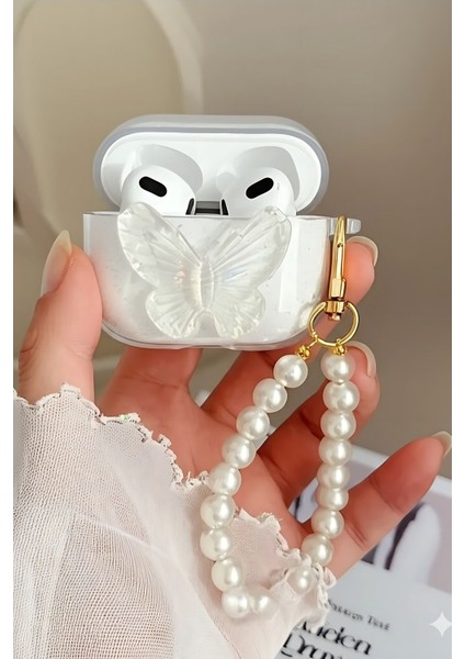 Apple AirPods 1. Nesil ve 2. Nesil Uyumlu 3D Kelebek Şeffaf Simli Parlak Kopçalı Kulaklık Kılıfı