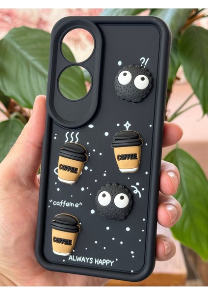 Oppo A60 Uyumlu Kamera Korumalı Coffee Kurabiye Figürlü Siyah Yumuşak Silikon Kapak
