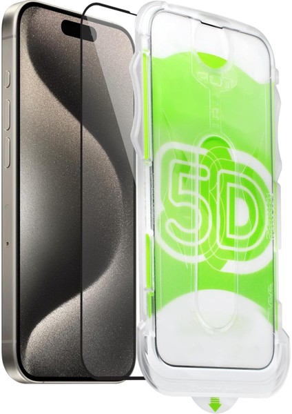 Apple iPhone 15 Pro Uyumlu Kolay Uygulama Aparatlı Siyah Çerçeveli Tam Kapatan Cam Ekran Koruyucu