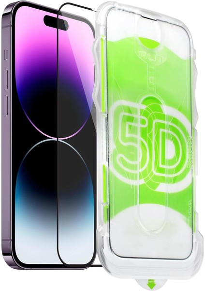 Apple iPhone 14 Pro Uyumlu Kolay Uygulama Aparatlı Siyah Çerçeveli Tam Kapatan Cam Ekran Koruyucu
