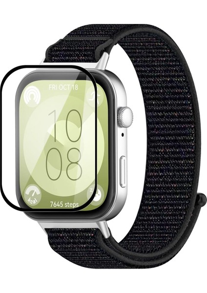 Huawei Watch Fit 3 Uyumlu Tam Kaplayan Kavisli Siyah Çerçeveli Pet Saat Ekran Koruyucu