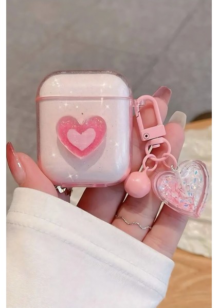 Apple AirPods 1. Nesil ve 2. Nesil Uyumlu 3D Simli Pembe Kalpli Kopçalı Kulaklık Kılıfı