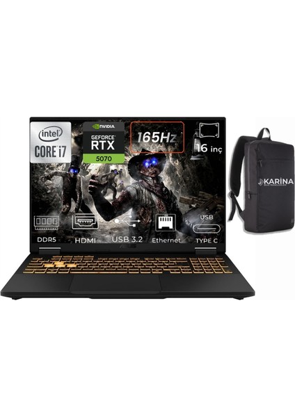 Tuf Gaming F16 Intel Core I7 14650HX FX608JPR-QT072-31 48GB 1tb RTX5070-8GB 115W W11PRO 16" 165Hz Wqxga Taşınabilir Bilgisayar