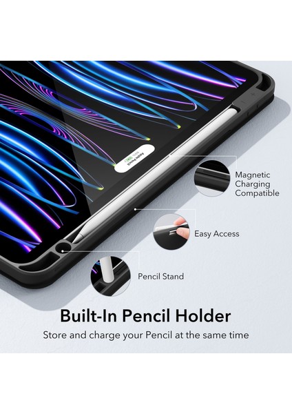 iPad Pro 11 (4./3./2./1. Nesil) Rebound Yumuşak Kapaklı, Kalem Tutuculu Üç Katlı Kılıf.