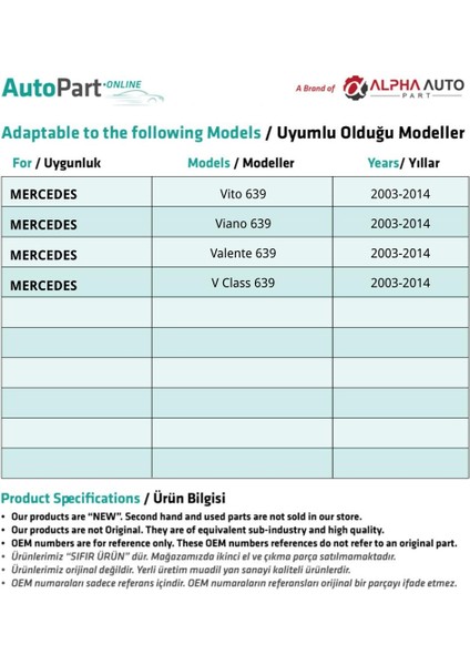 Mercedes Vito, Viano, Valente 639 için İçten Açma Teli fiyatları
