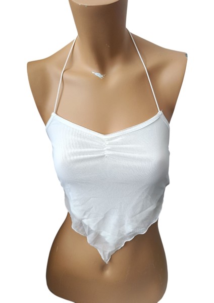 Beyaz Askılı Bluz, Büstiyer, Askılı Büstiyer Bulu, Crop Bluz, Şifon Crop Bluz