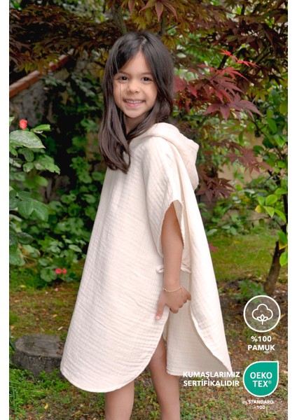 Bebek/çocuk Bornoz 4 Kat Müslin Panço Pembe Nakışlı %100 Pamuk - Krem