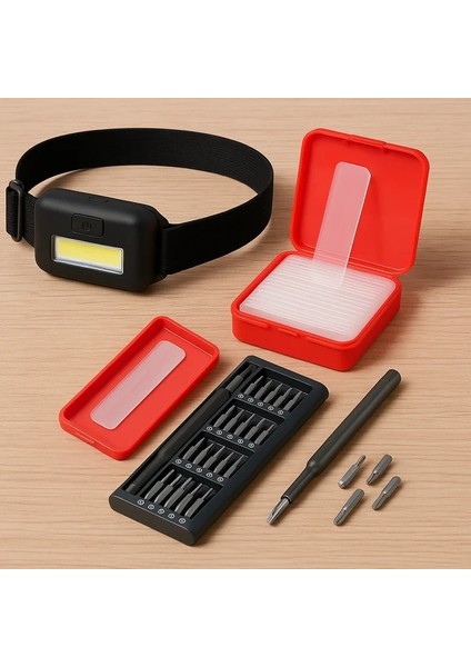 Tornavida Seti + Ayarlanabilir Kafa Lambası + Çift Taraflı Bant Seti