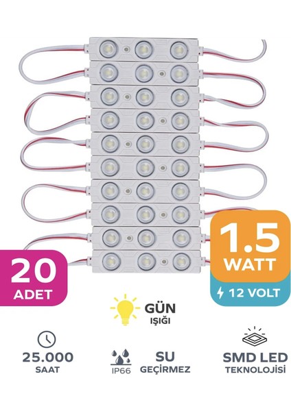 3 Ledli Parmak LED Modül 1.5W 2835 Smd Mercekli 12V-20 Adet Beyaz