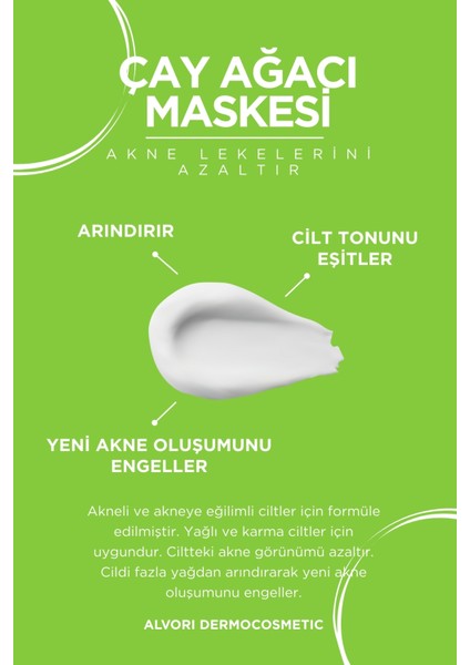 Alvori Çay Ağacı Maskesi, Tea Tree Bubble Mask, Akne ve Leke Görünümünü , Yeni Akne Oluşumunu Engeller, Cildi Fazla Yağdan Arındırır. (250 Ml) modelleri