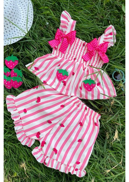 Minigimin Cicileri Fiyonk Desenli Çilek Baskılı Gipeli Kız Çocuk 2 li takım - Pembe