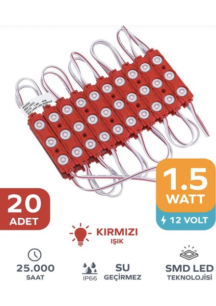 3 Ledli Parmak LED Modül 1.5W 2835 Smd Mercekli 12V-20 Adet Kırmızı