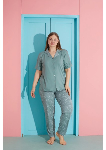 Büyük Beden Yeşil Milan Kumaş Önü Düğmeli Kadın Pijama Takımı – 7560