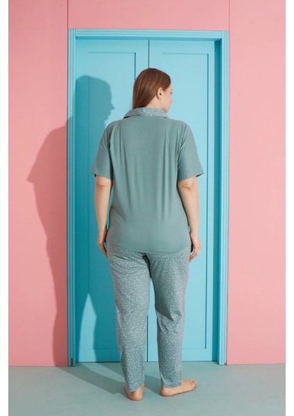 Büyük Beden Yeşil Milan Kumaş Önü Düğmeli Kadın Pijama Takımı – 7560