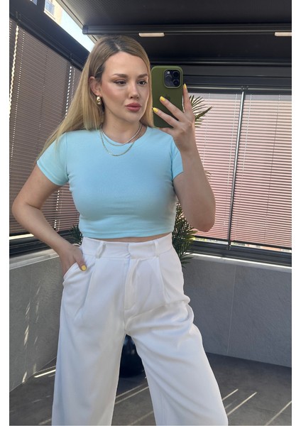 Bebe Mavisi Yarım Kollu Slim Basic Crop