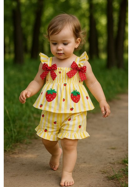 Minigimin Cicileri Fiyonk Desenli Çilek Baskılı Gipeli Kız Çocuk 2 li takım - Sarı