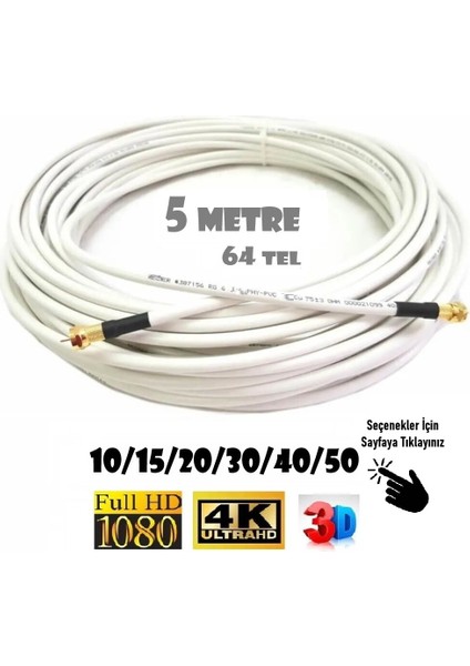 64 Tel Gold Uçlu Anten Kablosu Rg6 U4 Hazır Uydu 3D 4K Full Hd 1080 (5 Metre)