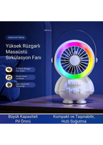 3 Kademeli Gece Lambalı 1500MAH Şarjlı Taşınabilir Serinletici Vantilatör Fan, Ultra Sessiz