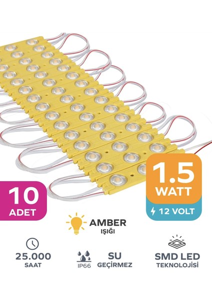 3 Ledli Parmak LED Modül 1.5W 2835 Smd Mercekli 12V-10 Adet Sarı